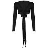 KYLETHOMASW  -  Ins niche design irregular deep V-knot tied long sleeved cover shirt solid color basic versatile temperament short cardigan