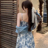 KYLETHOMASW  -  Autumn 2PCS Sexy Spaghetti Strap Print Dress for Women A-line Long Dress Slim Fit Temperament Elegant Vacation Beach Dress
