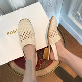 KYLETHOMASW  -  Shoes Slippers Soft Slides Slipers Women Cover Toe Low Loafers Fretwork Heels Comfort 2025 Flat Basic Fabric Rubber Cane PU