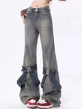 Kylethomasw Blue Flared Jeans Women Kawaii Wide Leg Pants with Bow Korean Style Spring Fashion Cutecore High Wasit Denim Trousers