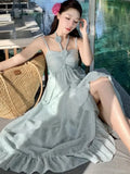 KYLETHOMASW  -  Korean Fairycore Midi Dress for Women Sweet Spaghetti Strap Halter Ruffles Birthday Party Dresses Summer Holiday Beach Vestidos