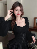 KYLETHOMASW  -    Sexy Shirts Women Korean Fashion Lace Shirt 2024 Spring New Lantern Sleeve Slim Waist Irregular Short Camisas De Mujer