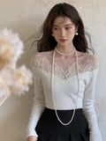 Kylethomasw White Off Shoulder Knit Sweater Women Lace Transparent Mesh Long Sleeve Crop Pullovers Fairycore Aesthetics Clothes Chic
