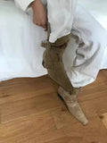 KYLETHOMASW  -  Genuine Leather Butterfly Knot Wrapped Strap Short Ankle Boots Women Polished Color Distressed Flat Bottomed Bare Shoes Female