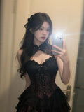 KYLETHOMASW  -  Summer New Sexy  Lace 2 Piece Set Vintage Design Halter Neck Y2k Tops + Puff Mini Skirt Female Elegant French Chic Retro Outfits