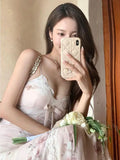 KYLETHOMASW  -  Summer Sweet and Sexy Bodycon Lace Dress for Women V Neck Asymmetrical Hem Slim Fit Spaghetti Strap Tea Dress Y2K Hot Girl Style