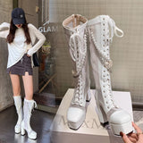 KYLETHOMASW  -  Breathable Mesh Stitched Glossy Patent Leather Motorcycle Boots Square Toe Platform Cross Lace Chain Pearl String Women's Boots