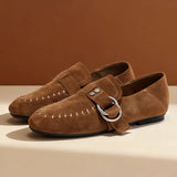 KYLETHOMASW  -  Genuine Leather Flats Women Luxury Metal Buckle-Decorated Women's Suede Loafers Light Comfortable Cow Suede Shoes for Women
