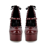 KYLETHOMASW  -  Pink Leather Mary‑Jane Platform Stiletto Pumps Black Contrast Stitching Back Bow Decor Round Toe Adjustable Buckle Shoes