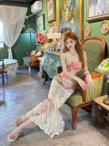 KYLETHOMASW  -  Summer Women Two Piece Set Floral Corset Top and Lace Midi Skirt Elegant Mesh Outfit Slim Fit Vintage French Style Beach Suit