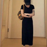 KYLETHOMASW  -  Summer Casual Cotton Midi Dress Women Elegant Solid Color Round Neck Slim Bodycon Dresses Korean High Street Vestidos ﻿270A