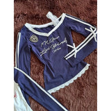 KYLETHOMASW  -  Spicy Girl Spliced Letters Printed V-neck Long Sleeve T-shirt for Women Spring and Autumn Slimming Chic Casual Sport Y2K Tops