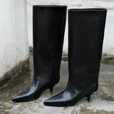 KYLETHOMASW  -  Burgundy Patent Leather High-Top Long Boots For Women Wine Red Pointed Toe Slip On Botas Largas De Mujer Kitten Low Heels Mature