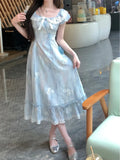 KYLETHOMASW  -  Kawaii Japanese dress lolita y2k Sweet Blue Floral Dress Women Casual Evening Party One Piece Dress Korean Fashion Summer 2024