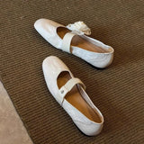 KYLETHOMASW  -  Women's Brown Leather Mary Jane Flats Square Toe Elastic Strap Flower Decoration  Casual Shoes Stylish Spring/Summer Footwear
