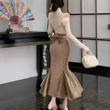 Kylethomasw Spring New Korean Strapless Lace Splicing Casual Long-sleeved T-shirt Women + Pleated Sexy Fishtail Skirt Two-piece Suit