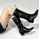 KYLETHOMASW  -  Big Size 42 Vintage y2k Knee‑High Boots Women Shoes Pointed Toe Shearling Fleece Warm Winter Inside Wedge Heel Cowboy Boots