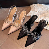 KYLETHOMASW  -  Spring and summer new pointed rhinestone mesh butterfly sandals thin high heel banquet dress small size crystal women's shoes