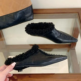KYLETHOMASW  -  Winter Warm Fluffy Slippers Woman Retro Sewing Pointed Toe Low Heel Mules Shoes Outdoors Casual Comfortable Fur Slippers