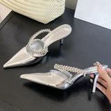 KYLETHOMASW  -  Spring Street CRYSTAL Women Slipper Pointed Toe Thin Low Heel Sandal  Slip On Ladies Mules Shoes Zapatos Mujer