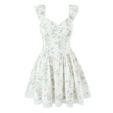 KYLETHOMASW  -  French Style Floral Print Mini Summer Dress Women Flying Sleeves V Neck Lace Spliced A-line Dresses Party Robe Vestidos