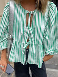 Kylethomasw Women's Summer Causal Round Neck Lace-up Blouses Fashion Puff Long Sleeves Loose Shirt Y2K Female Elegant Stripe Tops