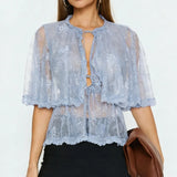 KYLETHOMASW  -  Women Lace Capelet with Bow Tie & Scalloped Trim Sheer Romantic Overlay Shirt Tops Shrug Cape Batwing Sleeve Cover Ups