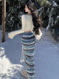 KYLETHOMASW  -  Autumn Winter Chic Knitted Womens Two Pieces Set Cropped Pullover Top High Waist Striped Bodycon Long Skirt Suit Casual Clothing