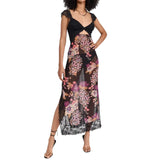 KYLETHOMASW  -  Women Long Bodycon Dress Floral Print Lace Patchwork Cutout V-Neck Sleeveless Dress Summer Slit Backless Party Dress