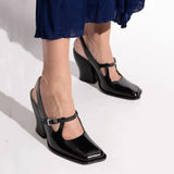 KYLETHOMASW  -  Fashion Black Patent Leather Mary Janes Slingbacks Women Pumps Spring Summer Wave Toe Chunky High Heels Office Lady Daily Shoes