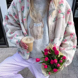 KYLETHOMASW  -  Oversize Lazy Bear Jackets Floral Printed Fleece Warm Winter Jacket Coats for Women Outfit Loose Long Sleeve Casual Bohemia Coat
