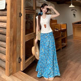 KYLETHOMASW  -  Blue Floral Oil Painting Lace-up Skirt Women's Summer New Thin Slim V-neck Short-sleeved T-shirt Two-piece Set