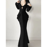 KYLETHOMASW  -  Gothic Black Sexy Party Dress Waisted Fishtail Skirt Long Sleeves Hollow Hip-covering Long Skirt