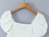 KYLETHOMASW  -  New Contrasting Bow Lace Trim White Blouse Women Sexy V Neck Puff Sleeve Slim Summer Crop Top