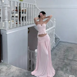 KYLETHOMASW  -  Hot Girl Sexy Set Women's Summer Vacation Style Halter Neck Strap Top High Waist A-line Long Skirt Two-piece Set