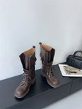 KYLETHOMASW  -  Retro Round Toe Lace-up Mid-calf Boots Women Fashion Belt Buckle Thick Bottom Platform Boots Comfort Non-slip Outdoor Biker Boot