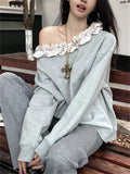 KYLETHOMASW  -   Grey Sweet Florals Sweatshirts Women Loose Fashion Spring 2025 Mujer Skew Collar New Daily All Match Streetwear