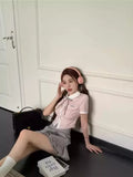 KYLTHOMASW  -   Kawaii Pink Blouse Women Preppy Style Short Sleeve Lace Up Lapel Collar Shirt Summer Fashion Slim Fit Aesthetics Clothes