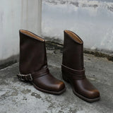 KYLETHOMASW  -  Retro Metal Decoration Buckle Strap Women Boots Crude Heel Square Toe Ladies Short Boots Street Style Hand-made