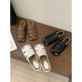 KYLETHOMASW  -  Slippers Women Summer Shoes Low Slides Cover Toe Pantofle Fashion Fretwork Heels 2025 Flat Luxury Rubber PU Fabric Hoof Shoes Wo