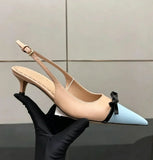 KYLETHOMASW  -  Fashion Color Blocking Design Elegant Women's Leather Pointed-Toe Slingback Stilettos High Heels Black Patent Bow Accent