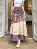 KYLETHOMASW  -  Women Spring Plaid Umbrella Skirts Patchwork Skirt High Waist Mid-length A-line Skirt Korean Fashion Faldas Largas