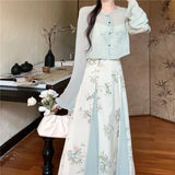 KYLETHOMASW  -  Women's Chinese Style 2-Piece Floral Dress Set Sheer Cardigan Maxi Dress