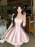 KYLETHOMASW  -  Sweet Lolita Mini Dress Women Pearl Lace Trim Bowknot Puff Sleeve High Waist Ruffle Princess Kawaii Japanese Fashion Daily Wear