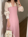 KYLETHOMASW  -  Korean Chic French Fake Two Piece Contrast Color Long Sleeve Slim Waist Lace-up Dresses