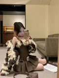 KYLETHOMASW  -  Autumn and Winter New Imitation Fur Leopard Pattern Fur Coat Waist Slimming Coffee Color Slip Dress Two Piece Set Women Outfits