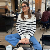 KYLETHOMASW  -  Casual Striped Women Sweater Fashion Long Lantern Sleeve Button O-neck Female Pullover 2025 Spring Autumn Chic Lady Knitwear