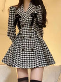 KIylethomasw Elegant Vintage Lapel Neck Houndstooth Dresses Y2k E-Girl Slim Waist Dress for Women Spring New Long Sleeve Vestidos Mujer