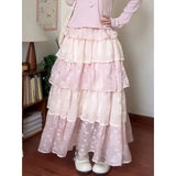 KYLETHOMASW  -  Princess Style Lace Tiered Pink Maxi Skirt Spring Summer Multi-Layer Ruffle A-Line Birthday Party Kawaii Long Skirts for Women