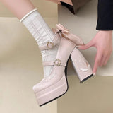 KYLETHOMASW  -  Pink Lolita High Heels Women's Pumps 2025 Cute Bow Round Ankle Straps Chunky Platform Mary Jane Shoes Embroidered Heels Women